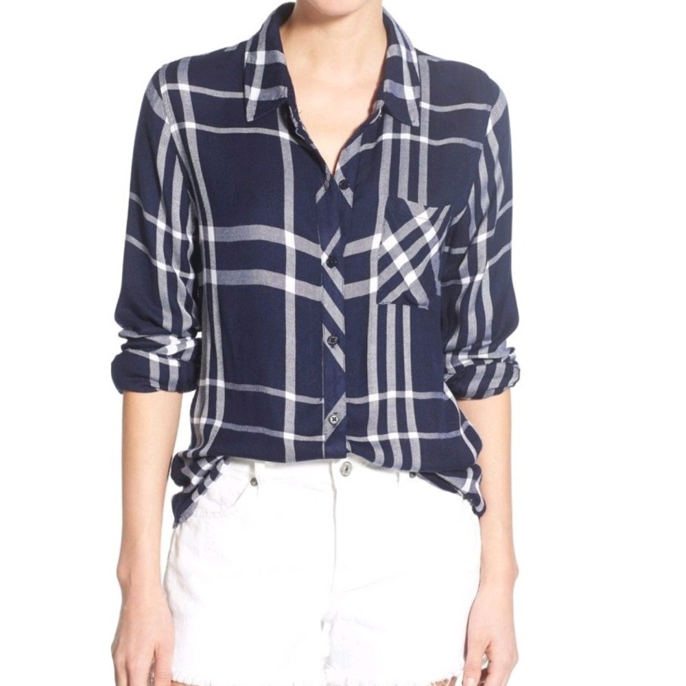 Rails Plaid Woven Rayon LS Button-Up Shirt Blue Wht Pocket womens XS